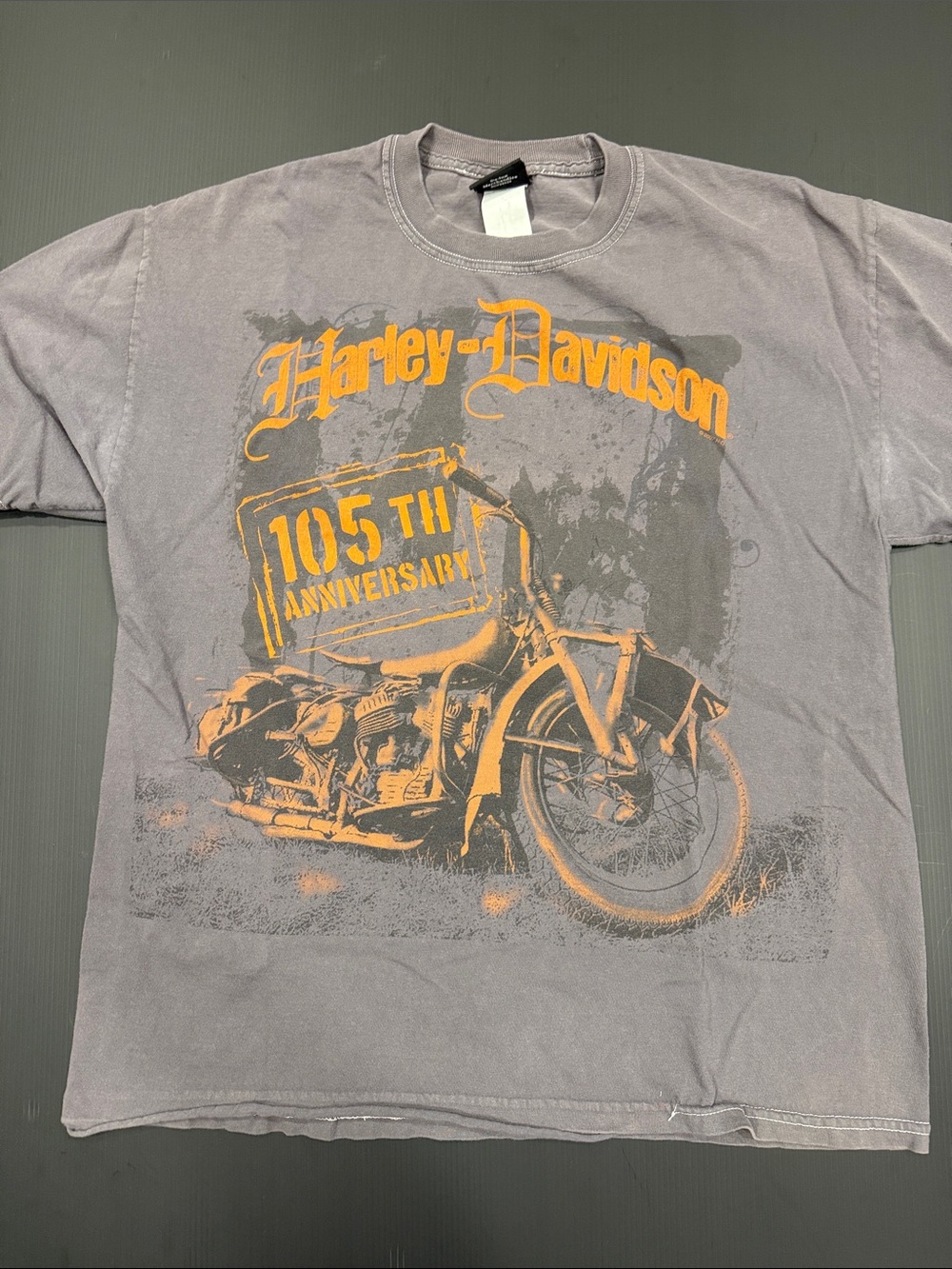 Harley-Davidson Gray T-Shirt with Orange 105th Anniversary Motorcycle Graphic